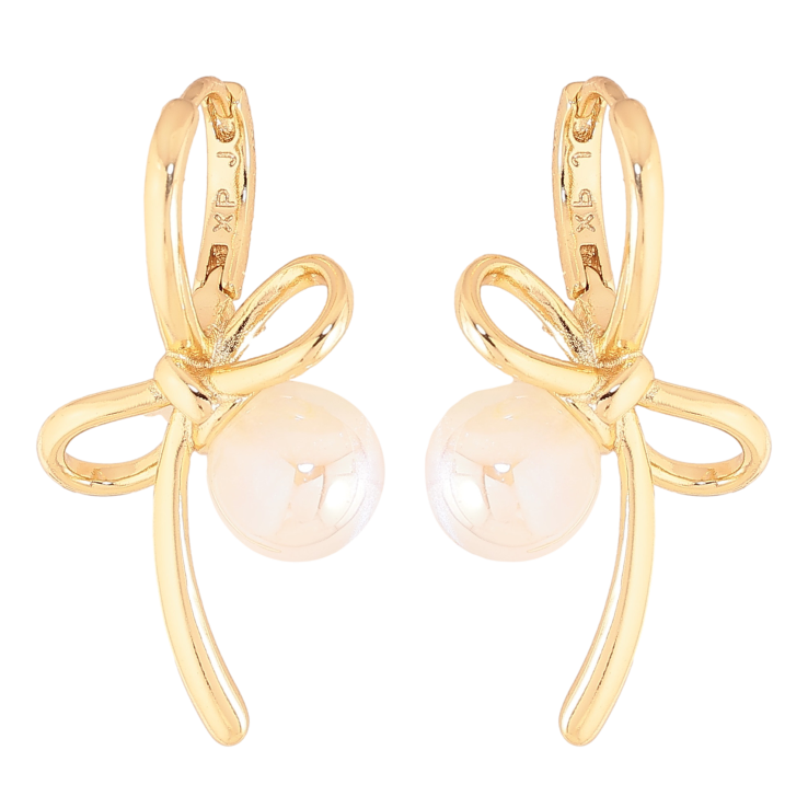 Серьги Xuping цвет Позолота 14K колечки "Банты с жемчужинами" фото №2 Серьги Xuping цвет Позолота 14K колечки "Банты с жемчужинами" фото №2