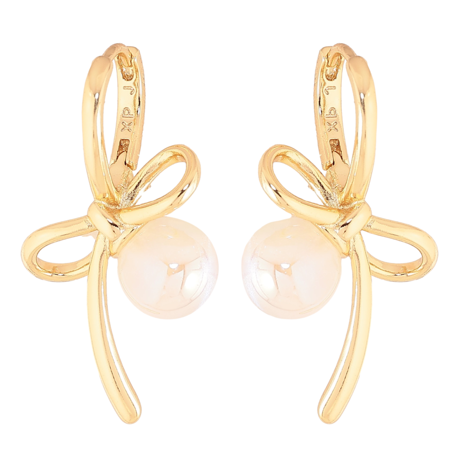 Серьги Xuping цвет Позолота 14K колечки "Банты с жемчужинами" фото №1 Серьги Xuping цвет Позолота 14K колечки "Банты с жемчужинами" фото №1