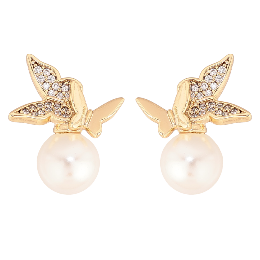 Серьги Xuping цвет Позолота 14K пусеты "Жемчужины с бабочками" фото №1 Серьги Xuping цвет Позолота 14K пусеты "Жемчужины с бабочками" фото №1