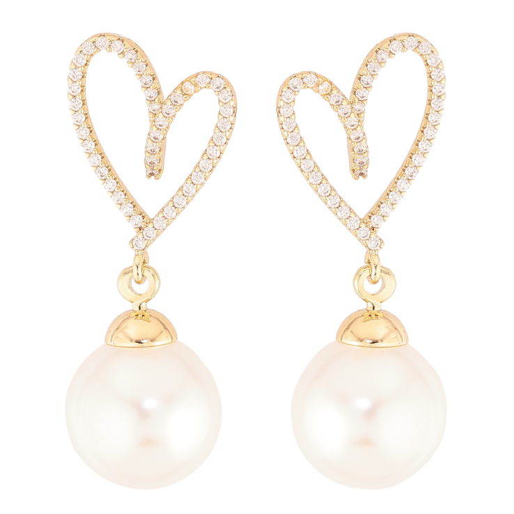 Серьги Xuping цвет Позолота 14K пусеты "Сердечки с жемчужными подвесками"  фото №2
