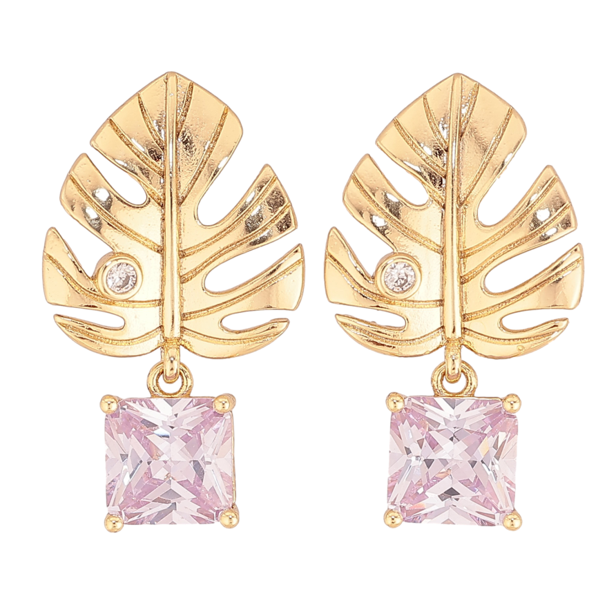 Сережки Xuping колір Позолота 14K пусети "Листочки з бузковими кристалами" фото №1 Сережки Xuping колір Позолота 14K пусети "Листочки з бузковими кристалами" фото №1