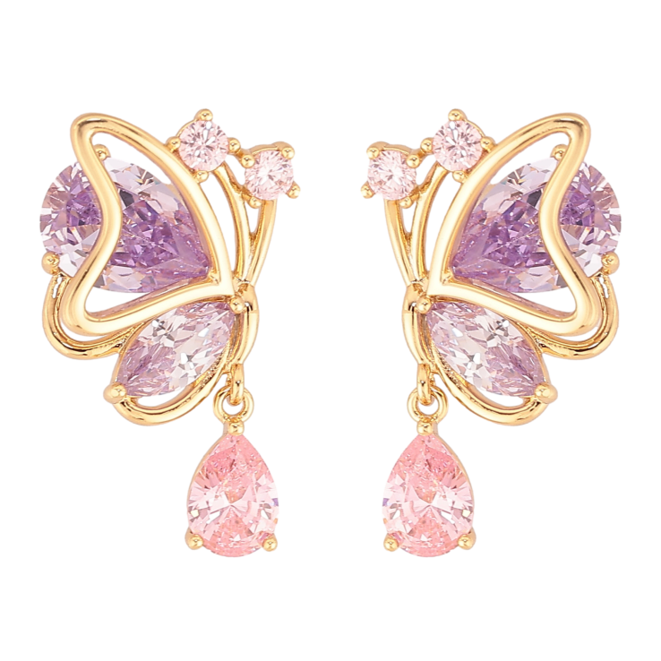Серьги Xuping цвет Позолота 14K пусеты "Бабочки с сиренево-розовыми кристаллами" фото №5