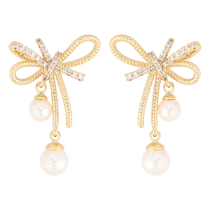 Сережки Xuping колір Позолота 14K пусети "Банти з перлинами" фото №7 Сережки Xuping колір Позолота 14K пусети "Банти з перлинами" фото №7