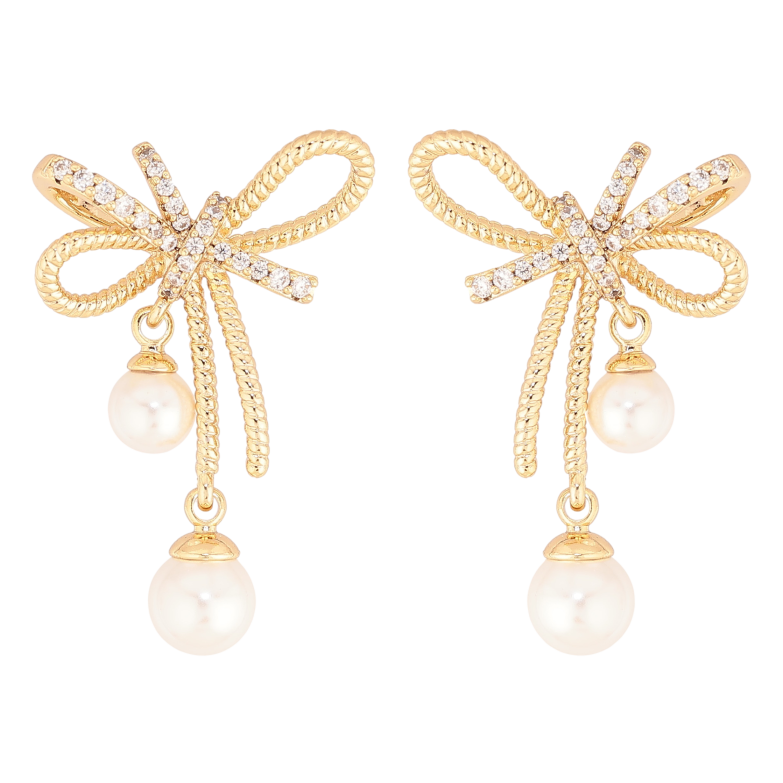 Сережки Xuping колір Позолота 14K пусети "Банти з перлинами" фото №8 Сережки Xuping колір Позолота 14K пусети "Банти з перлинами" фото №8