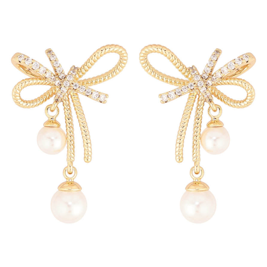 Сережки Xuping колір Позолота 14K пусети "Банти з перлинами" фото №1 Сережки Xuping колір Позолота 14K пусети "Банти з перлинами" фото №1
