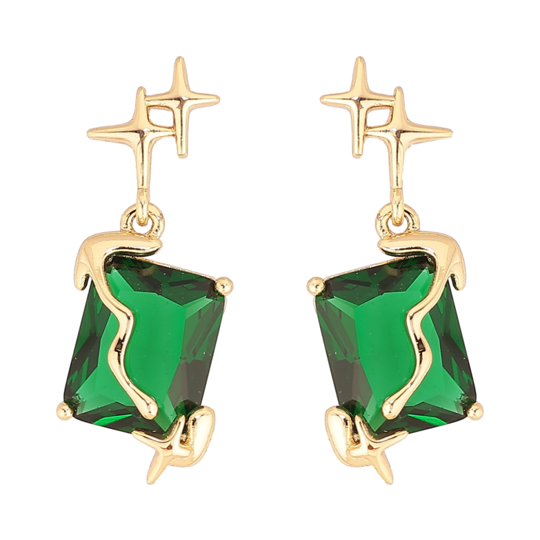 Сережки Xuping колір Позолота 14K пусети "Зірки з зеленими кристалами" фото №1