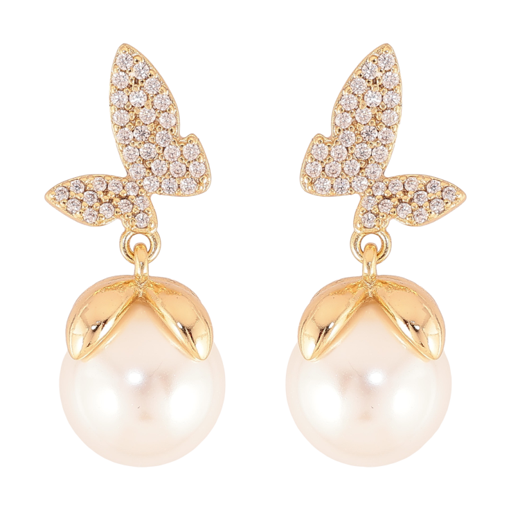 Серьги Xuping цвет Позолота 14K пусеты "Бабочки с жемчужными подвесками" фото №8