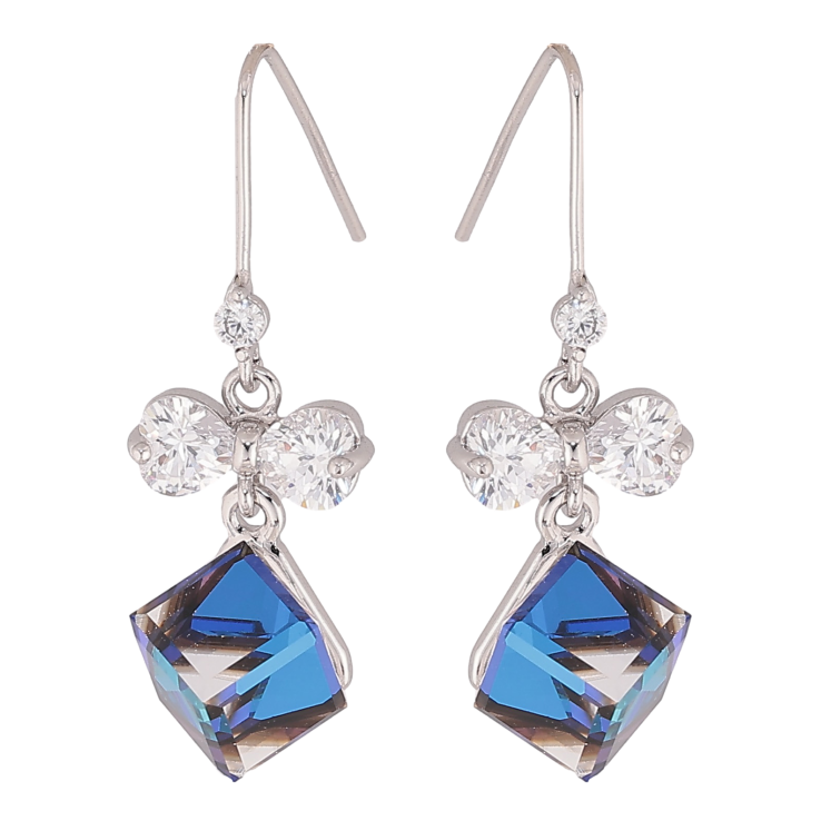 Серьги Xuping цвет Родий с кристаллами Swarovski французский замок "Кристальные кубики Bermuda Blue с бантами" фото №25