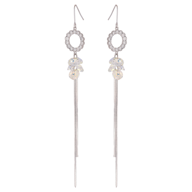 Серьги Xuping цвет Родий с кристаллами Swarovski французский замок "Кристаллы Shimmer на колечках с цепочками" фото №4 Серьги Xuping цвет Родий с кристаллами Swarovski французский замок "Кристаллы Shimmer на колечках с цепочками" фото №4