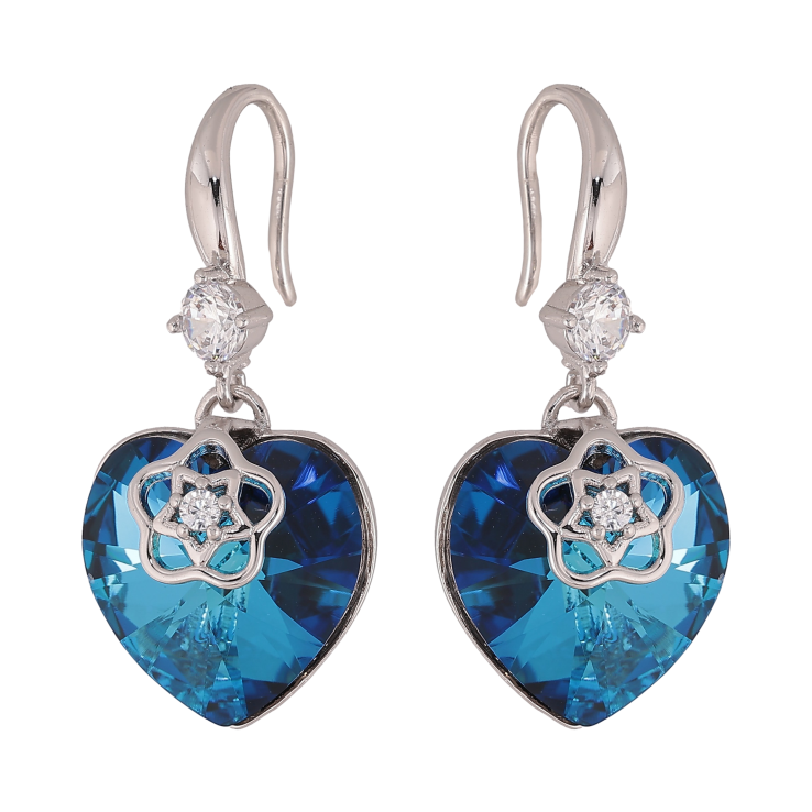 Серьги Xuping цвет Родий с кристаллами Swarovski французский замок "Сердечки Metallic Blue с цветочной накладкой" фото №24