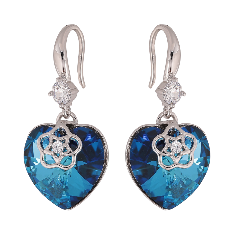 Сережки Xuping колір Родій з кристалами Swarovski французький замок "Сердечка Metallic Blue з квітковою накладкою" фото №1 Сережки Xuping колір Родій з кристалами Swarovski французький замок "Сердечка Metallic Blue з квітковою накладкою" фото №1