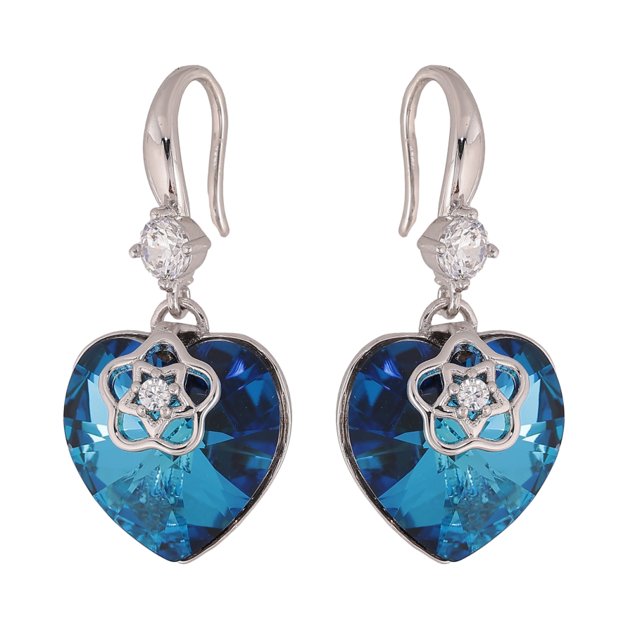 Серьги Xuping цвет Родий с кристаллами Swarovski французский замок "Сердечки Metallic Blue с цветочной накладкой" фото №1 Серьги Xuping цвет Родий с кристаллами Swarovski французский замок "Сердечки Metallic Blue с цветочной накладкой" фото №1