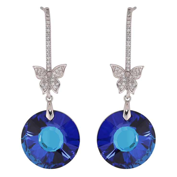 Сережки Xuping колір Родій з кристалами Swarovski пусети "Кристальні дуги з метеликами та підвісками Bermuda Blue" фото №2