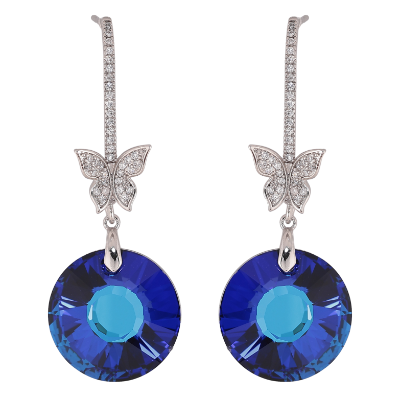 Сережки Xuping колір Родій з кристалами Swarovski пусети "Кристальні дуги з метеликами та підвісками Bermuda Blue" фото №1 Сережки Xuping колір Родій з кристалами Swarovski пусети "Кристальні дуги з метеликами та підвісками Bermuda Blue" фото №1