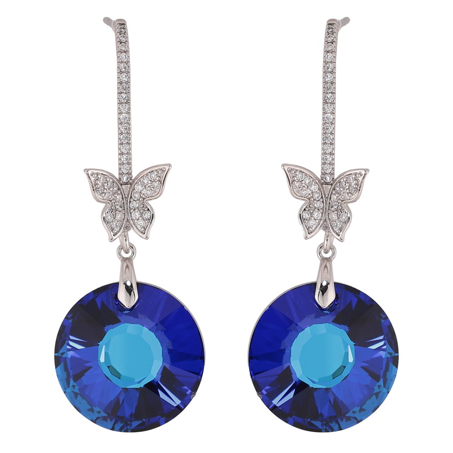 Сережки Xuping колір Родій з кристалами Swarovski пусети "Кристальні дуги з метеликами та підвісками Bermuda Blue" фото №1 Сережки Xuping колір Родій з кристалами Swarovski пусети "Кристальні дуги з метеликами та підвісками Bermuda Blue" фото №1