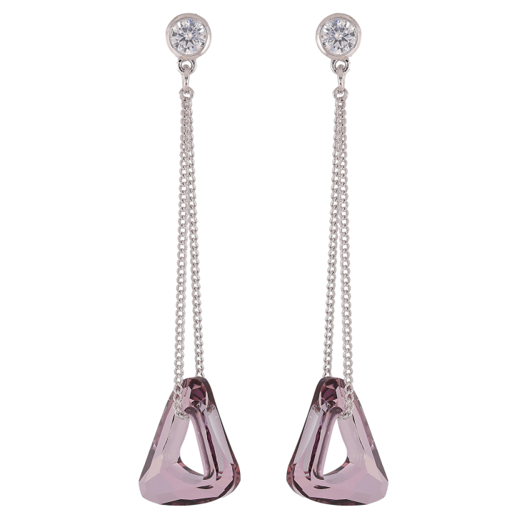 Сережки Xuping колір Родій з кристалами Swarovski пусети "Кристальний трикутник Amethyst на ланцюжку" фото №2