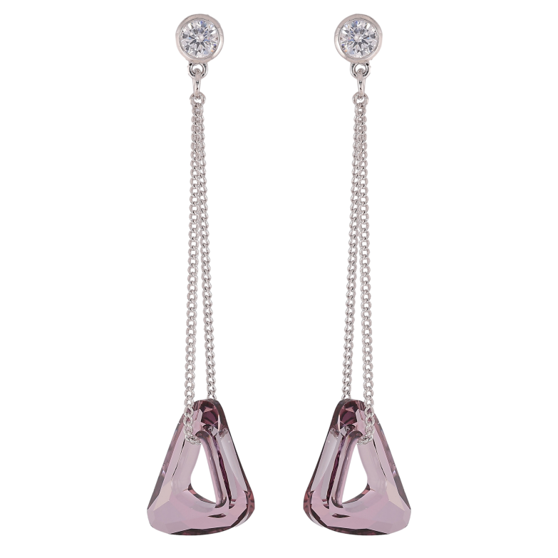 Сережки Xuping колір Родій з кристалами Swarovski пусети "Кристальний трикутник Amethyst на ланцюжку" фото №6