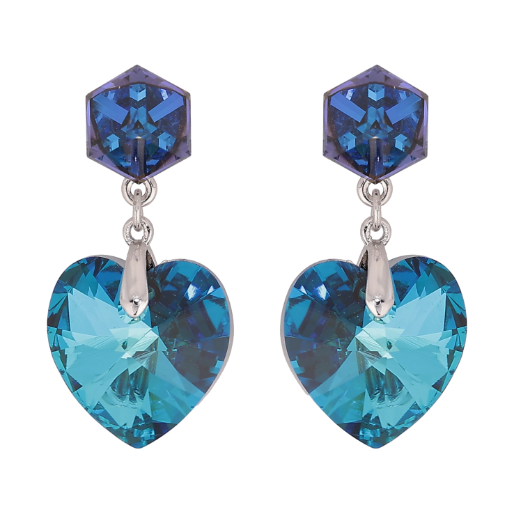Сережки Xuping колір Родій з кристалами Swarovski пусети "Кубики з кришталевими серцями Capri Blue" фото №16