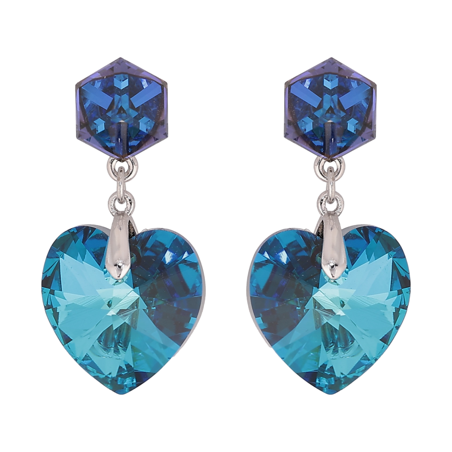 Серьги Xuping цвет Родий с кристаллами Swarovski пусеты "Кубики с кристальными сердечками Capri Blue" фото №1