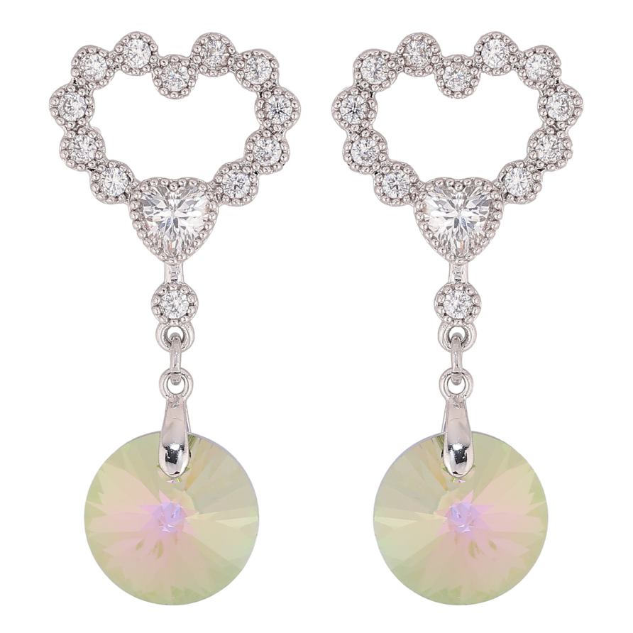 Серьги Xuping цвет Родий с кристаллами Swarovski пусеты "Сердечки с подвеской кристалл Vitrail Light" фото №1