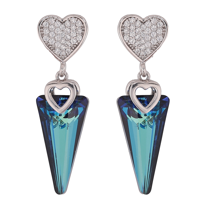 Серьги Xuping цвет Родий с кристаллами Swarovski пусеты "Сердечки, подвески кристалл Metallic Blue" фото №5 Серьги Xuping цвет Родий с кристаллами Swarovski пусеты "Сердечки, подвески кристалл Metallic Blue" фото №5