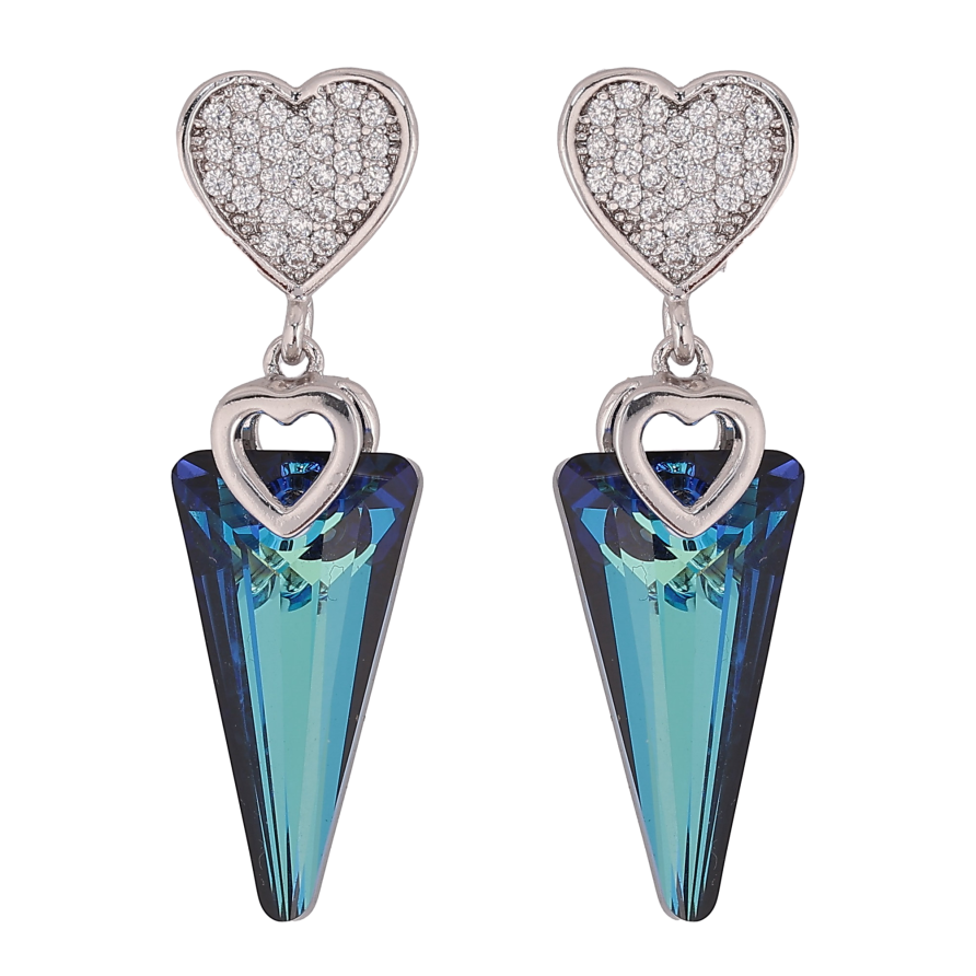 Серьги Xuping цвет Родий с кристаллами Swarovski пусеты "Сердечки, подвески кристалл Metallic Blue" фото №1 Серьги Xuping цвет Родий с кристаллами Swarovski пусеты "Сердечки, подвески кристалл Metallic Blue" фото №1