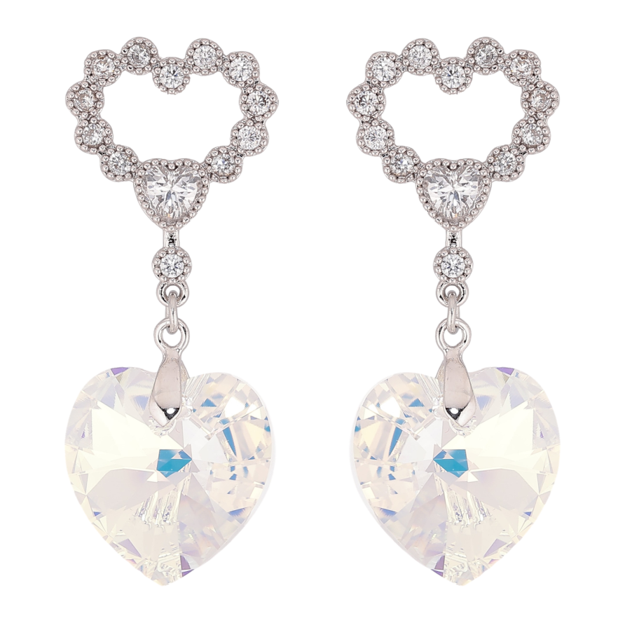 Серьги Xuping цвет Родий с кристаллами Swarovski пусеты "Сердечки с подвеской кристалл Shimmer" фото №1