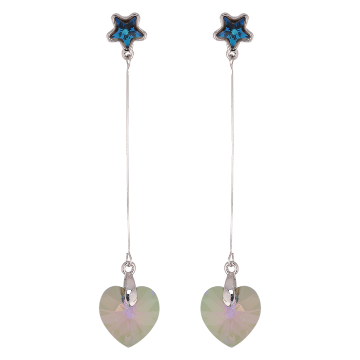 Сережки Xuping колір Родій з кристалами Swarovski пусети "Сині зірочки з підвісками серця Luminous Green" фото №19