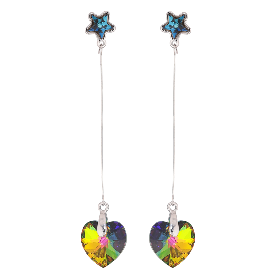 Серьги Xuping цвет Родий с кристаллами Swarovski пусеты "Синие звездочки с подвесками сердечки Vitrail Medium" фото №1