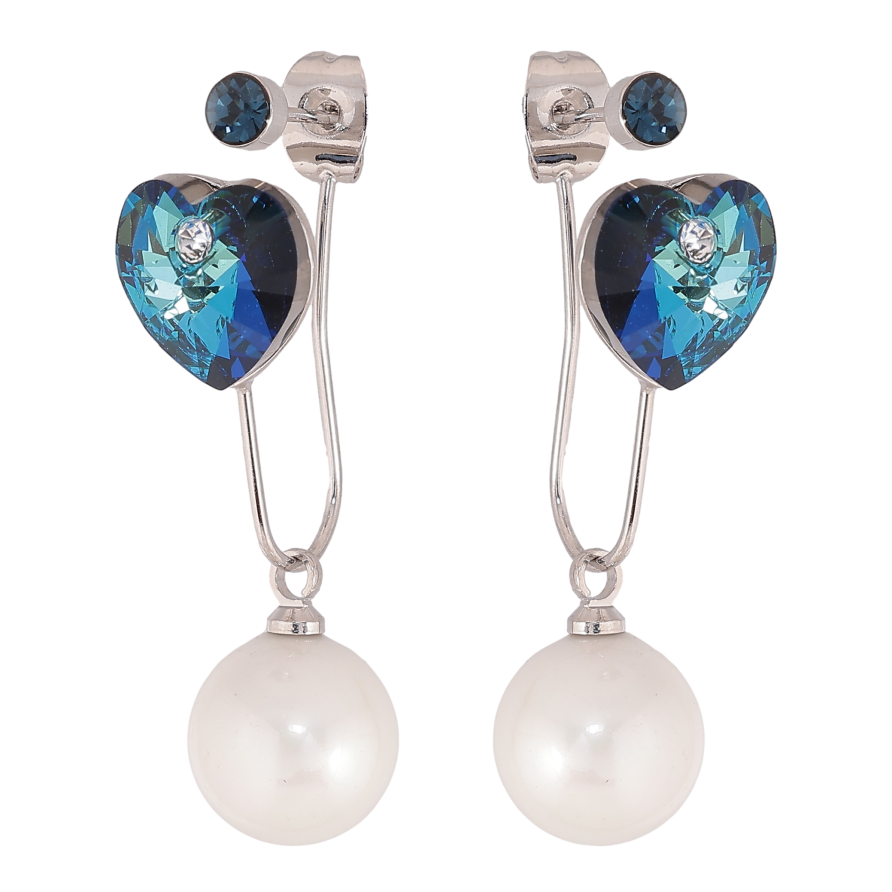 Серьги Xuping цвет Родий с кристаллами Swarovski пусеты-джекеты "Сердечки Metallic Blue с жемчужинами" фото №1 Серьги Xuping цвет Родий с кристаллами Swarovski пусеты-джекеты "Сердечки Metallic Blue с жемчужинами" фото №1