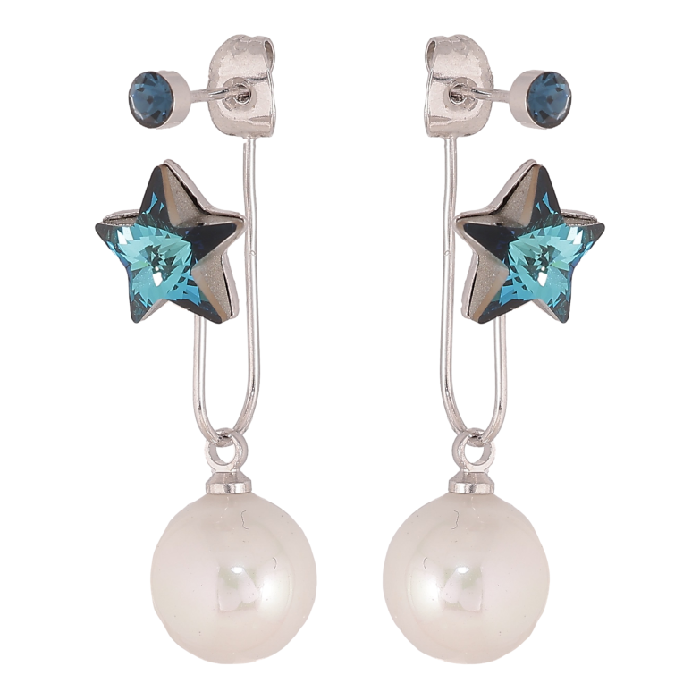Серьги Xuping цвет Родий с кристаллами Swarovski пусеты- джекеты "Звездочки Metallic Blue с жемчужинами" фото №14