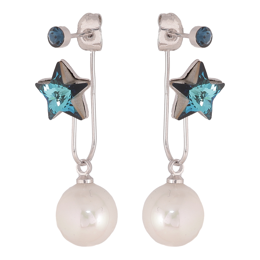 Серьги Xuping цвет Родий с кристаллами Swarovski пусеты- джекеты "Звездочки Metallic Blue с жемчужинами" фото №1