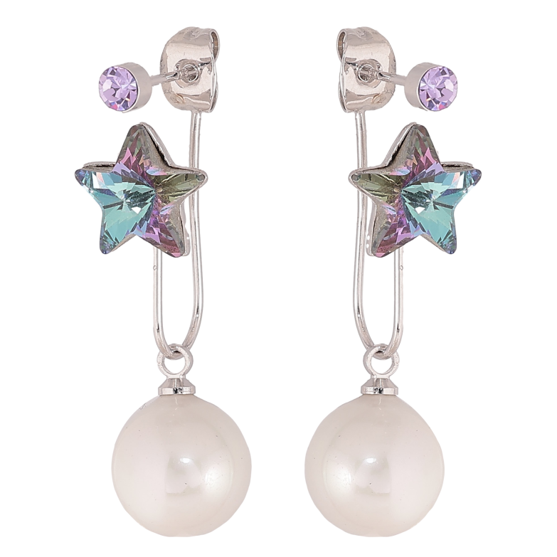 Серьги Xuping цвет Родий с кристаллами Swarovski пусеты-джекеты "Звездочки Paradise Shine с жемчужинами" фото №15
