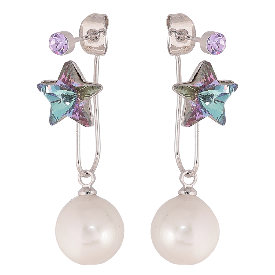 Серьги Xuping цвет Родий с кристаллами Swarovski пусеты-джекеты "Звездочки Paradise Shine с жемчужинами" фото №1