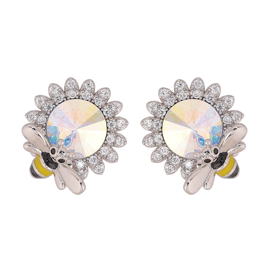 Серьги Xuping цвет Родий с кристаллами Swarovski пусеты "Цветочки с кристаллом АВ и пчелой" фото №1