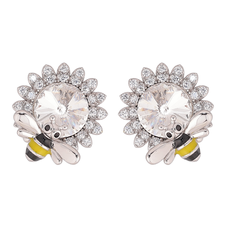 Серьги Xuping цвет Родий с кристаллами Swarovski пусеты "Цветочки с кристаллом Clear и пчелой" фото №2 Серьги Xuping цвет Родий с кристаллами Swarovski пусеты "Цветочки с кристаллом Clear и пчелой" фото №2