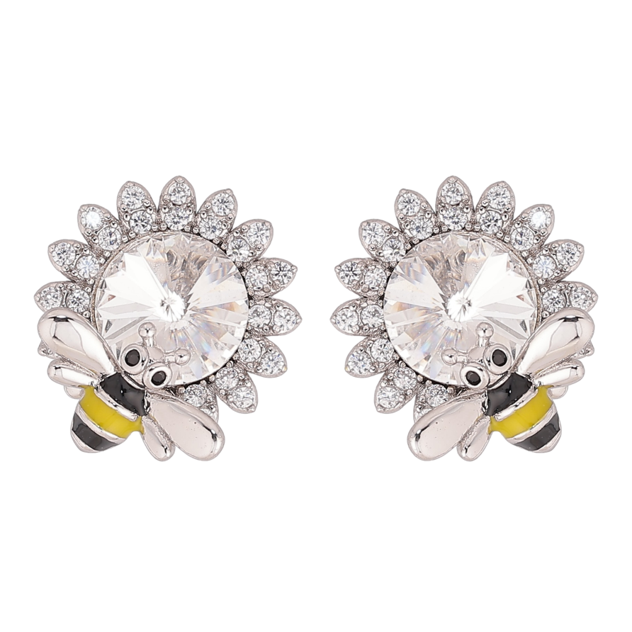 Серьги Xuping цвет Родий с кристаллами Swarovski пусеты "Цветочки с кристаллом Clear и пчелой" фото №1