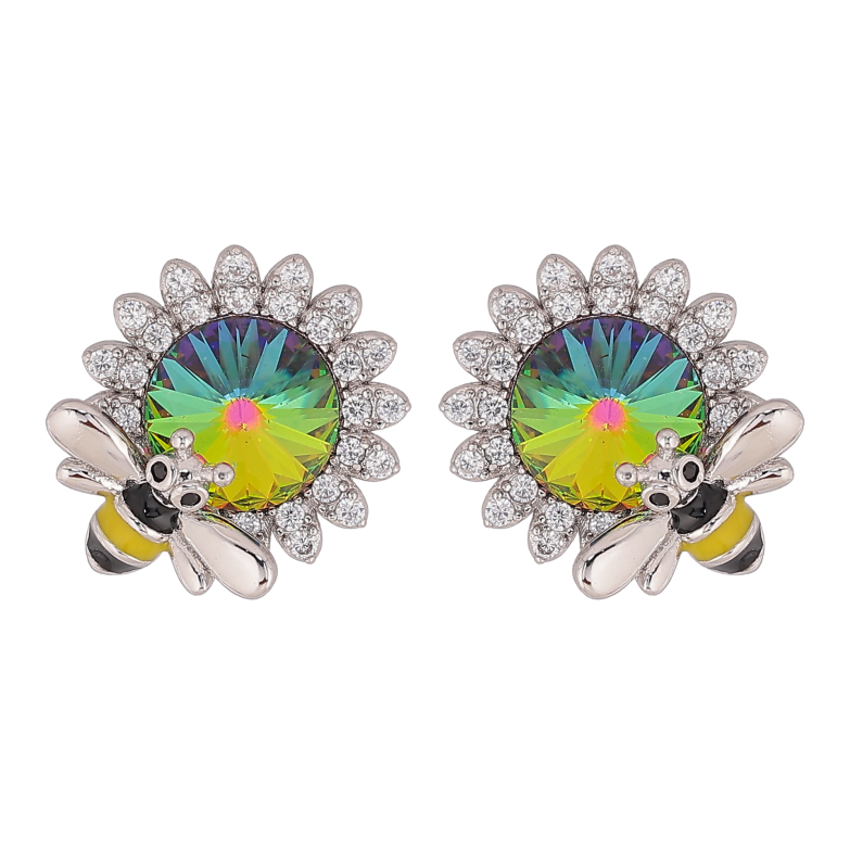 Серьги Xuping цвет Родий с кристаллами Swarovski пусеты "Цветочки с кристаллом Vitrail Medium и пчелой" фото №3