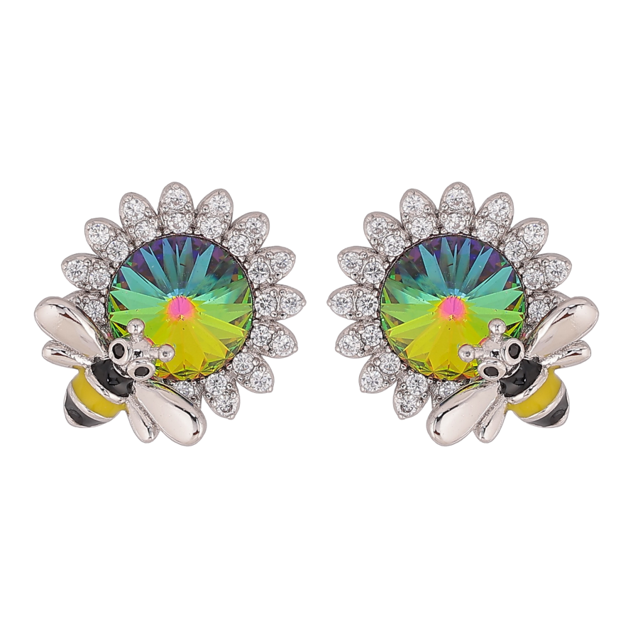 Серьги Xuping цвет Родий с кристаллами Swarovski пусеты "Цветочки с кристаллом Vitrail Medium и пчелой" фото №1