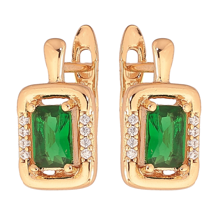 Сережки Xuping колір позолота 18K англійський замок візерунок з зеленими кристалами фото №1 Сережки Xuping колір позолота 18K англійський замок візерунок з зеленими кристалами фото №1