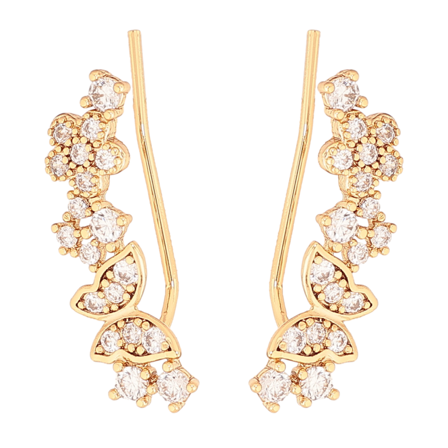 Серьги Xuping цвет позолота 18K клаймберы узор из бабочек и цветочков с кристаллами фото №1 Серьги Xuping цвет позолота 18K клаймберы узор из бабочек и цветочков с кристаллами фото №1