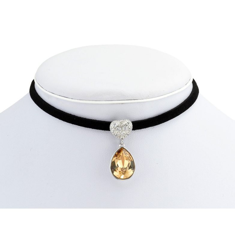 Кулон Xuping колір Родій із кр-ми Swarovski на чорній стрічці Серце з кристальною підвіскою довжина 31-36см фото №1