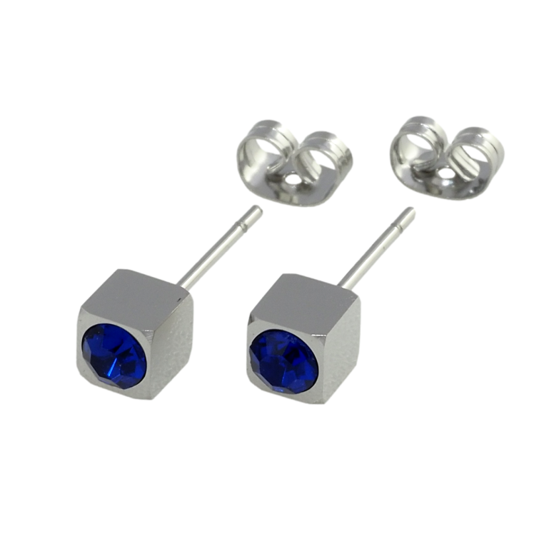 Сережки Xuping TTM Stainless Steel колір Родій пусети Кубики з синіми фіанітами 5х5мм фото №4