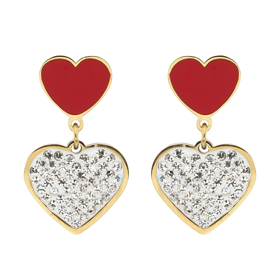 Сережки Xuping TTM Stainless Steel колір 14K пусети Серця з цирконієм та червоною емаллю фото №1 Сережки Xuping TTM Stainless Steel колір 14K пусети Серця з цирконієм та червоною емаллю фото №1