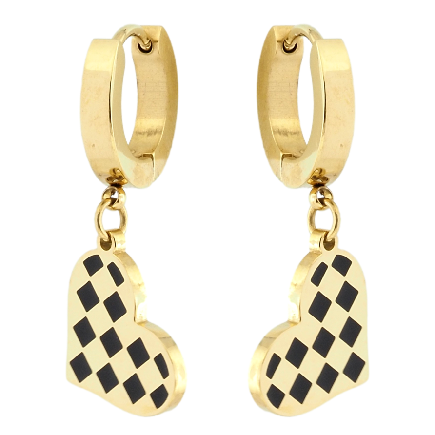 Серьги Xuping TTM Stainless Steel цвет 14K подвески на колечках Сердечки с шахматным узором фото №1 Серьги Xuping TTM Stainless Steel цвет 14K подвески на колечках Сердечки с шахматным узором фото №1