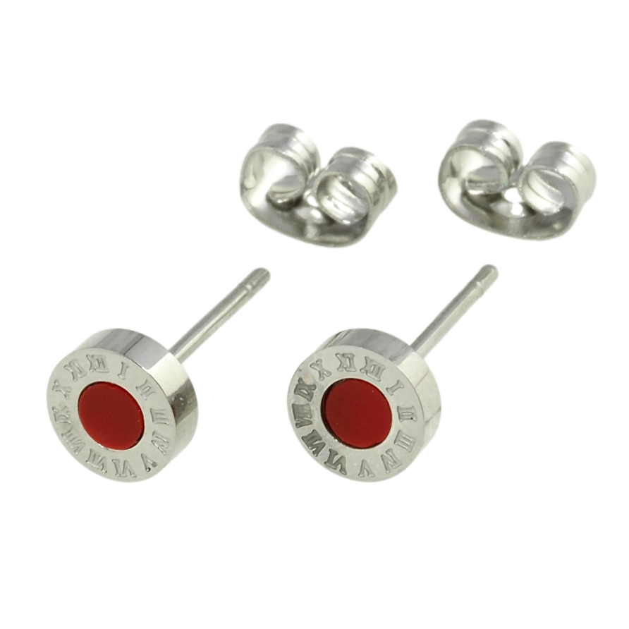 Сережки Xuping TTM Stainless Steel колір Родій пусети Циферблат з червоними вставками ø 6мм фото №1 Сережки Xuping TTM Stainless Steel колір Родій пусети Циферблат з червоними вставками ø 6мм фото №1
