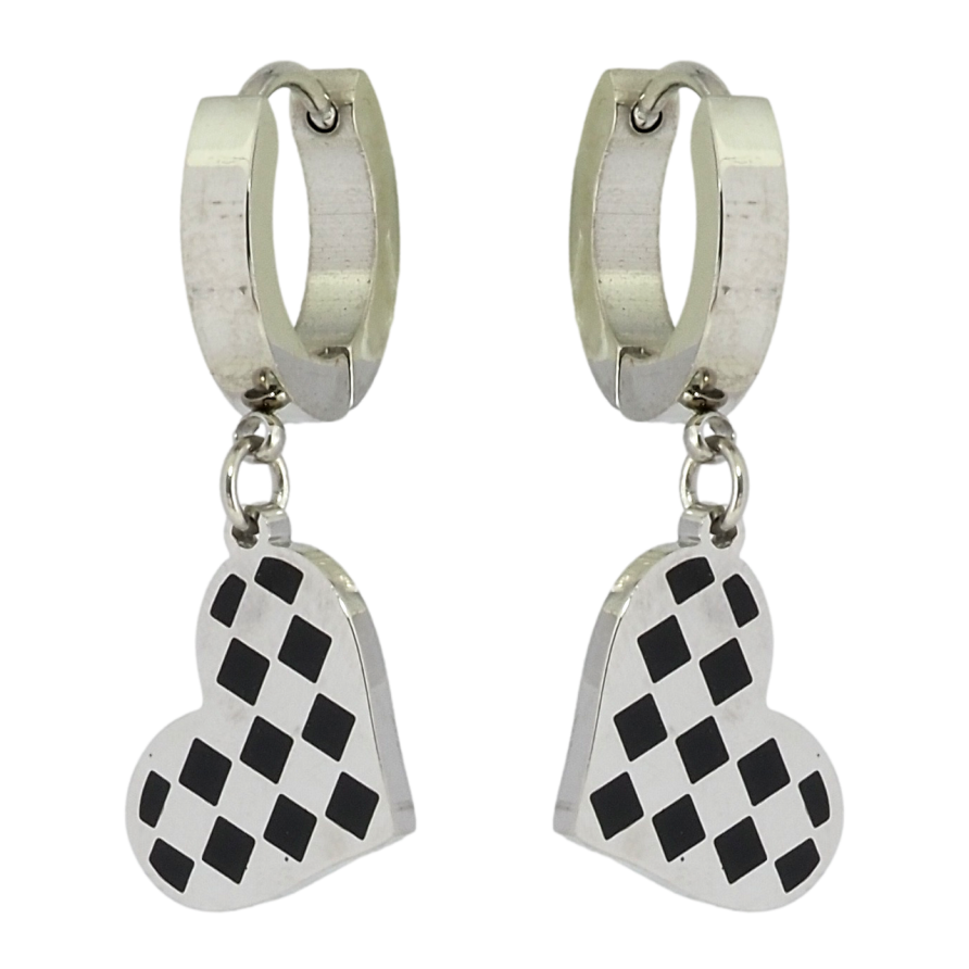 Серьги Xuping TTM Stainless Steel цвет Родий подвески на колечках Сердечки с шахматным узором фото №1 Серьги Xuping TTM Stainless Steel цвет Родий подвески на колечках Сердечки с шахматным узором фото №1