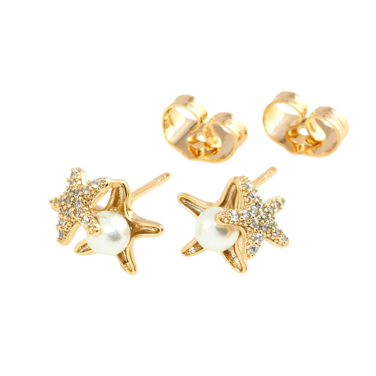 Серьги Xuping Позолота 18K пусеты Звезды с инкрустацией цирконием и жемчугом фото №7