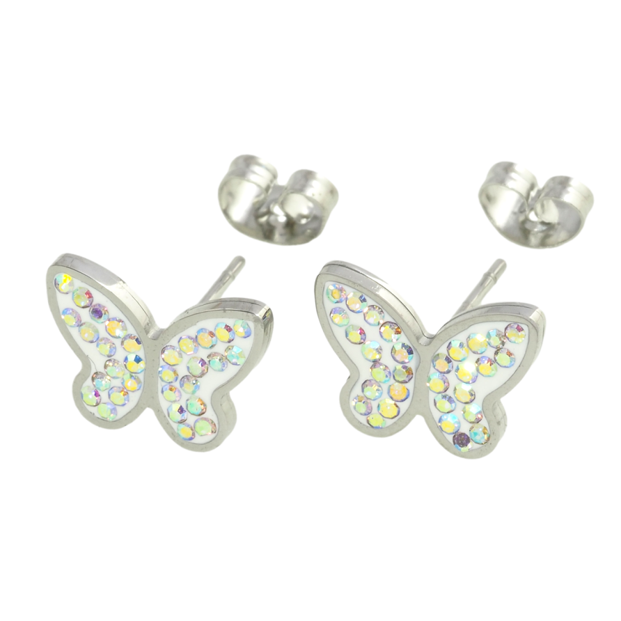 Сережки Xuping TTM Stainless Steel колір Родій пусети Метелики з райдужними кристалами фото №1