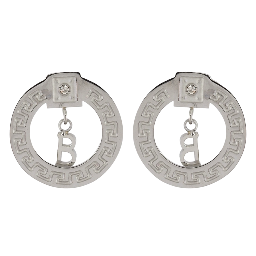 Сережки Xuping TTM Stainless Steel колір Родій пусети Кільця з грецьким візерунком та підвісками фото №1